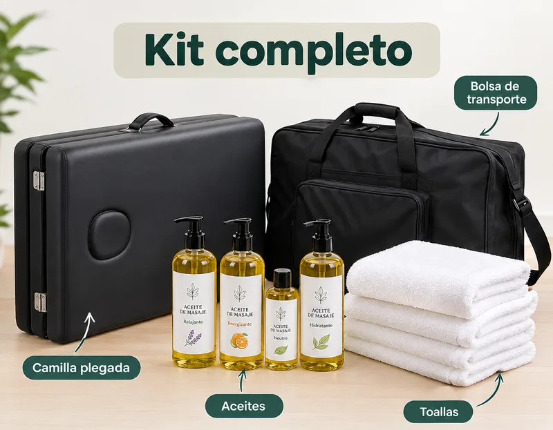 Complete professional kit: folding massage table, oils, towels and carry bag